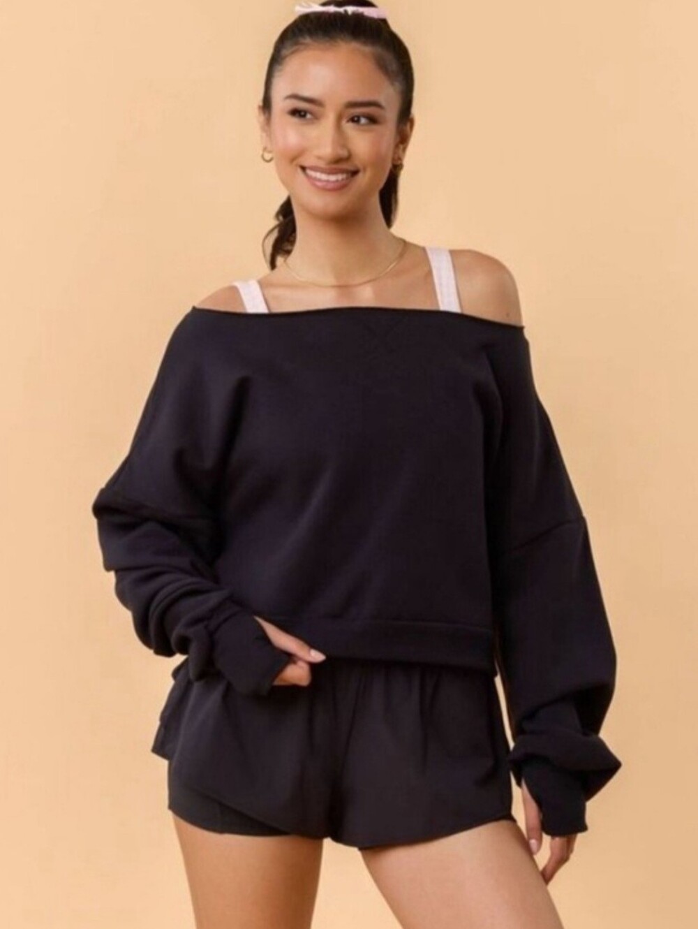 NWT Blogilates Dance Studio Sweatshirt Black Off Shoulder Thumbholes Women's 2X